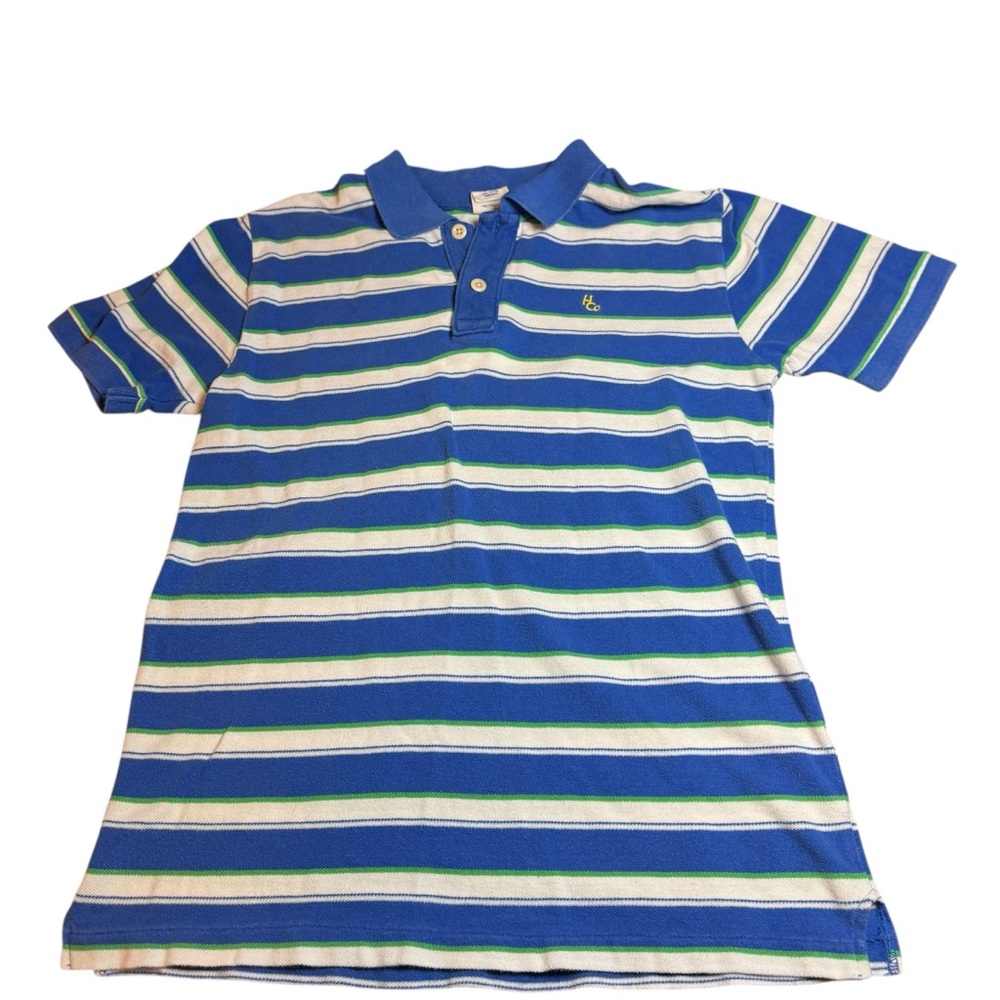 Y2K Hollister Blue and‎ Green Striped Polo Shirt Mens Small Retro Muscle Style